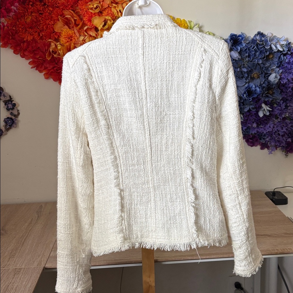 Carolina Belle Montreal White Edgy Tweed Frayed Trim Moto Jacket Blazer - Picture 5 of 13